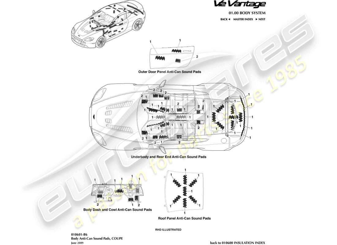 aston martin v12 vantage (2011) cuscinetti sonori anti-can, diagramma delle parti del coupé