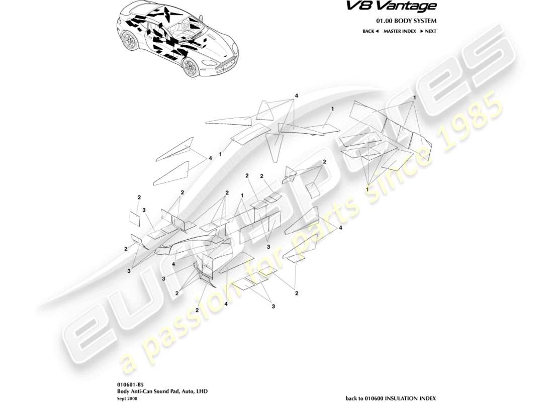 aston martin v8 vantage (2014) cuscinetti sonori anti-can, diagramma delle parti con guida a sinistra