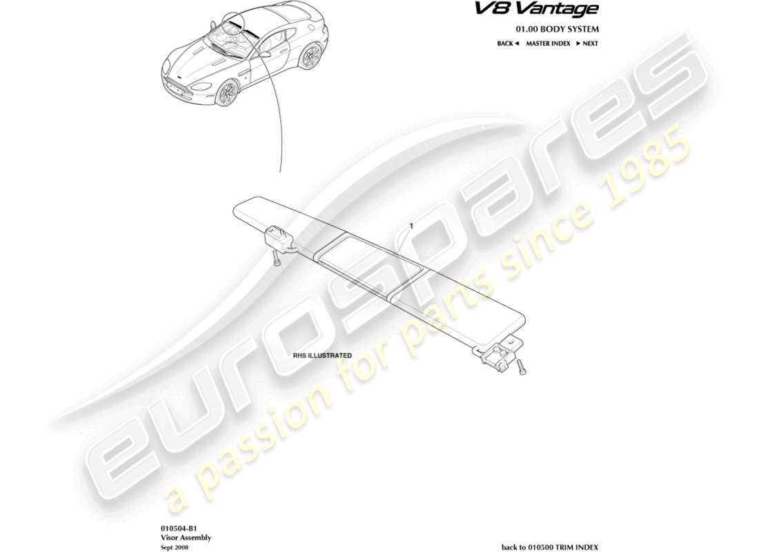 aston martin v8 vantage (2006) diagramma delle parti del parasole