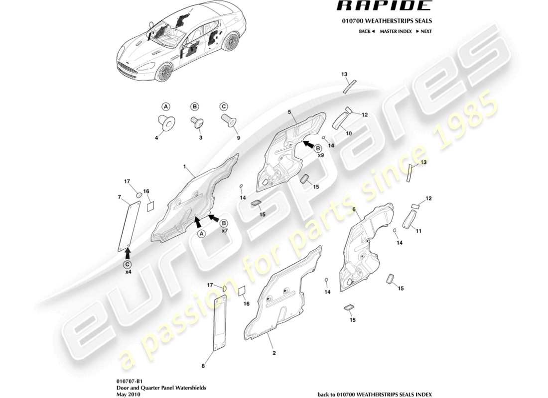 aston martin rapide (2012) diagramma delle parti dei watershield per porte