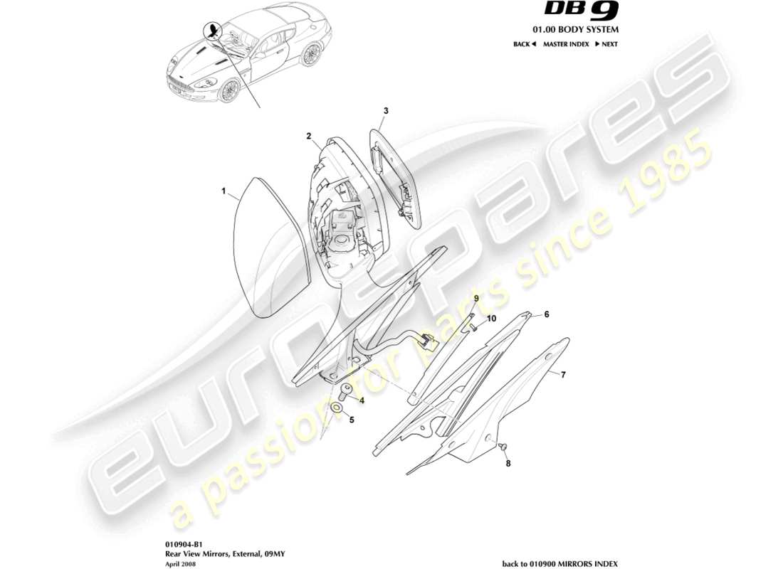 aston martin db9 (2011) außenrückspiegel, 09my teilediagramm