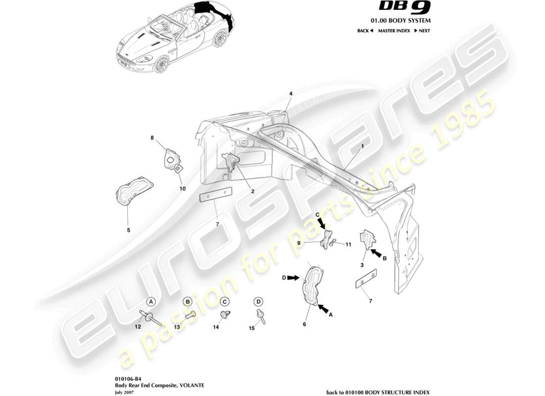 aston martin db9 (2008) carrozzeria parte posteriore in composito, volante diagramma delle parti