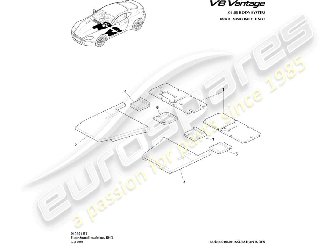 aston martin v8 vantage (2014) isolamento acustico del pavimento, diagramma delle parti con guida a destra