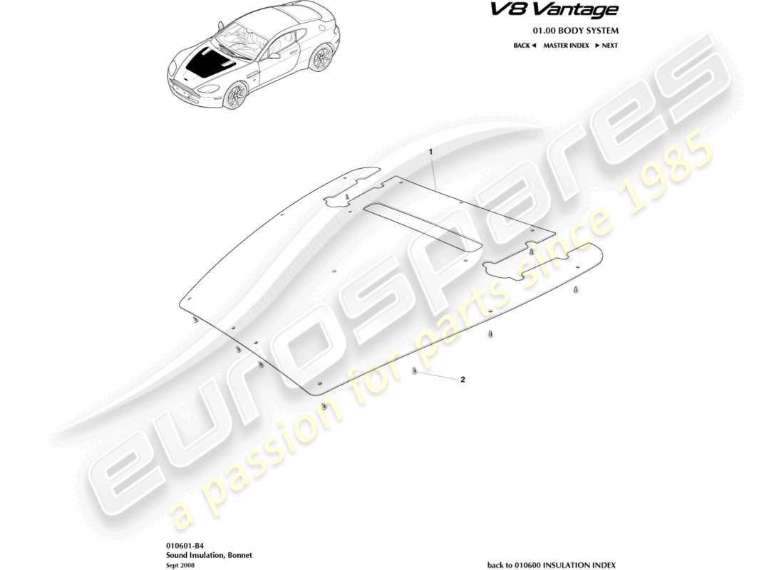 aston martin v8 vantage (2012) isolamento acustico, diagramma delle parti della composizione del motore