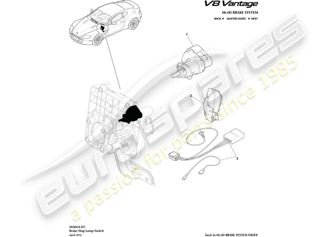 aston martin v8 vantage (2012) diagramma delle parti dell'interruttore della luce di arresto