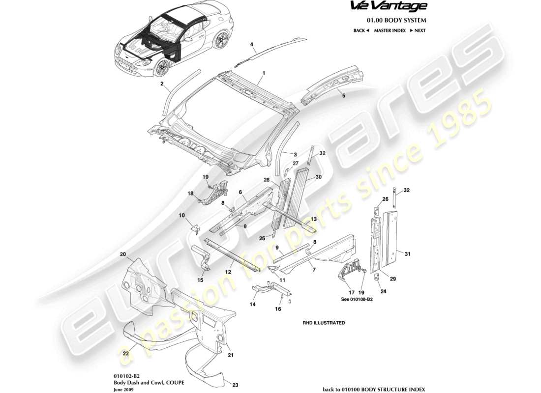 aston martin v12 vantage (2011) cruscotto e cofano, diagramma delle parti del coupé