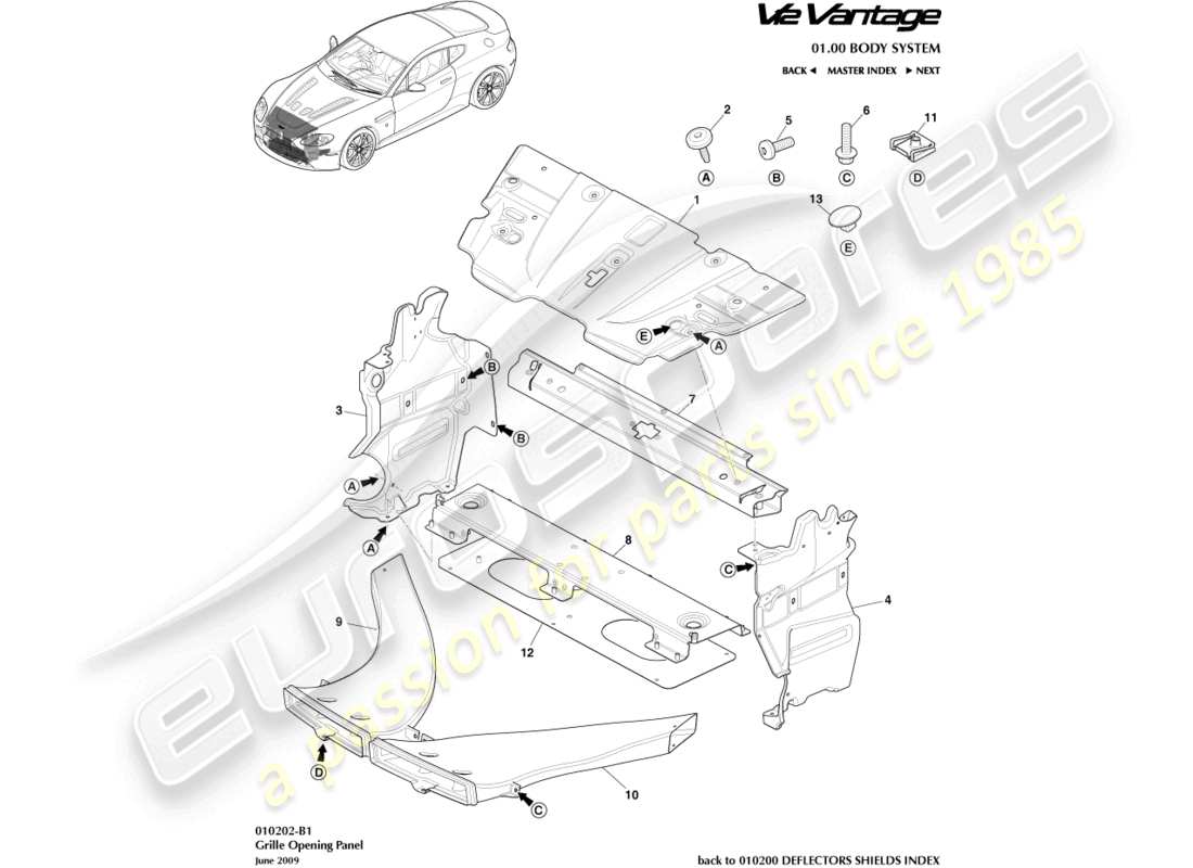 aston martin v12 vantage (2011) diagramma delle parti del pannello di apertura della griglia