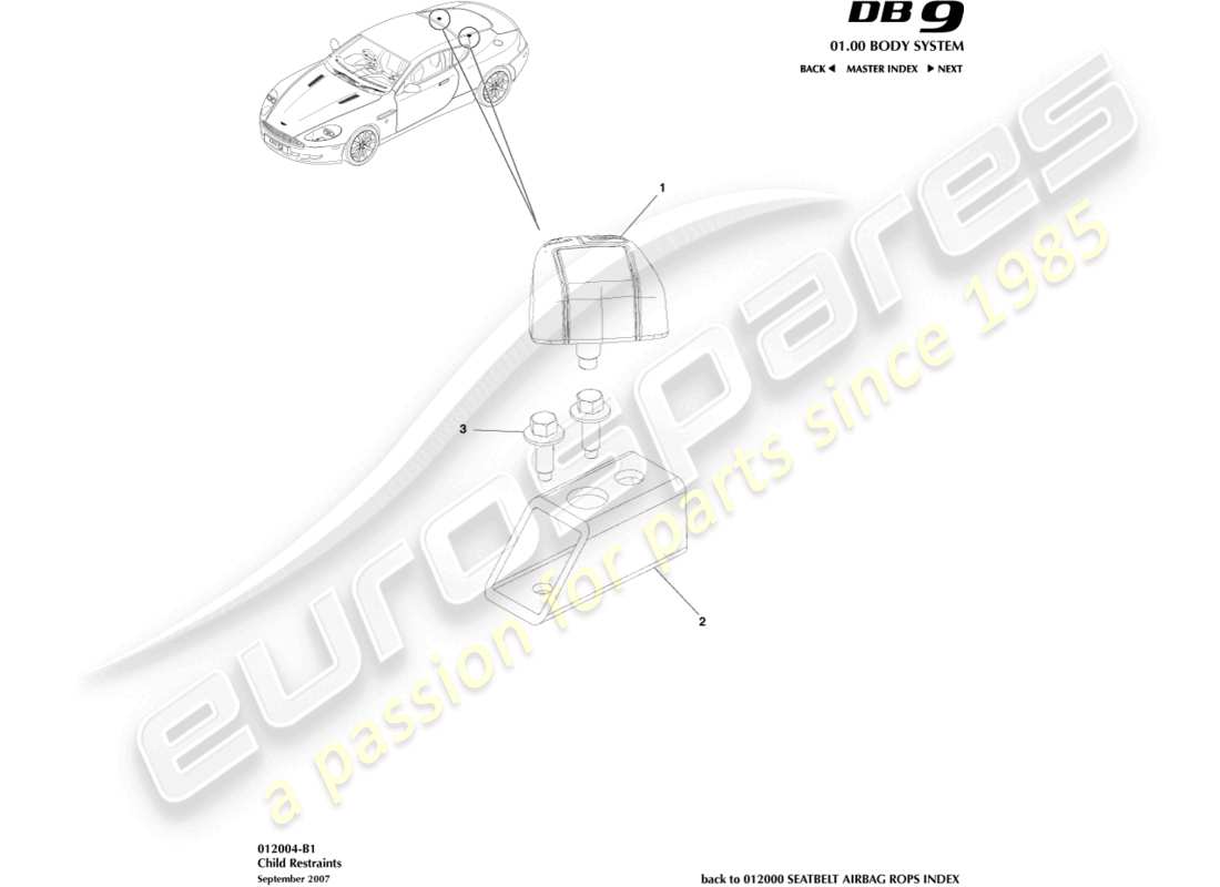 aston martin db9 (2007) diagramma delle parti dei sistemi di ritenuta per bambini