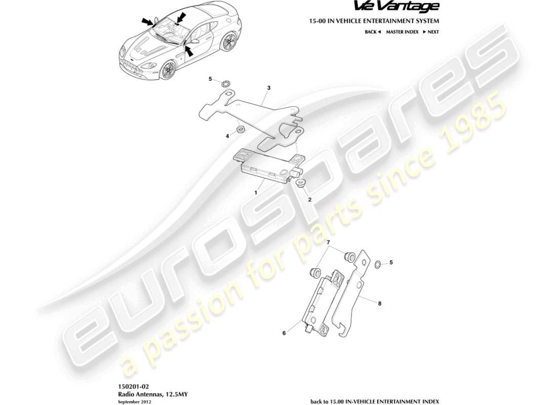 aston martin v12 vantage (2011) antenna radio, diagramma delle parti 12.5my