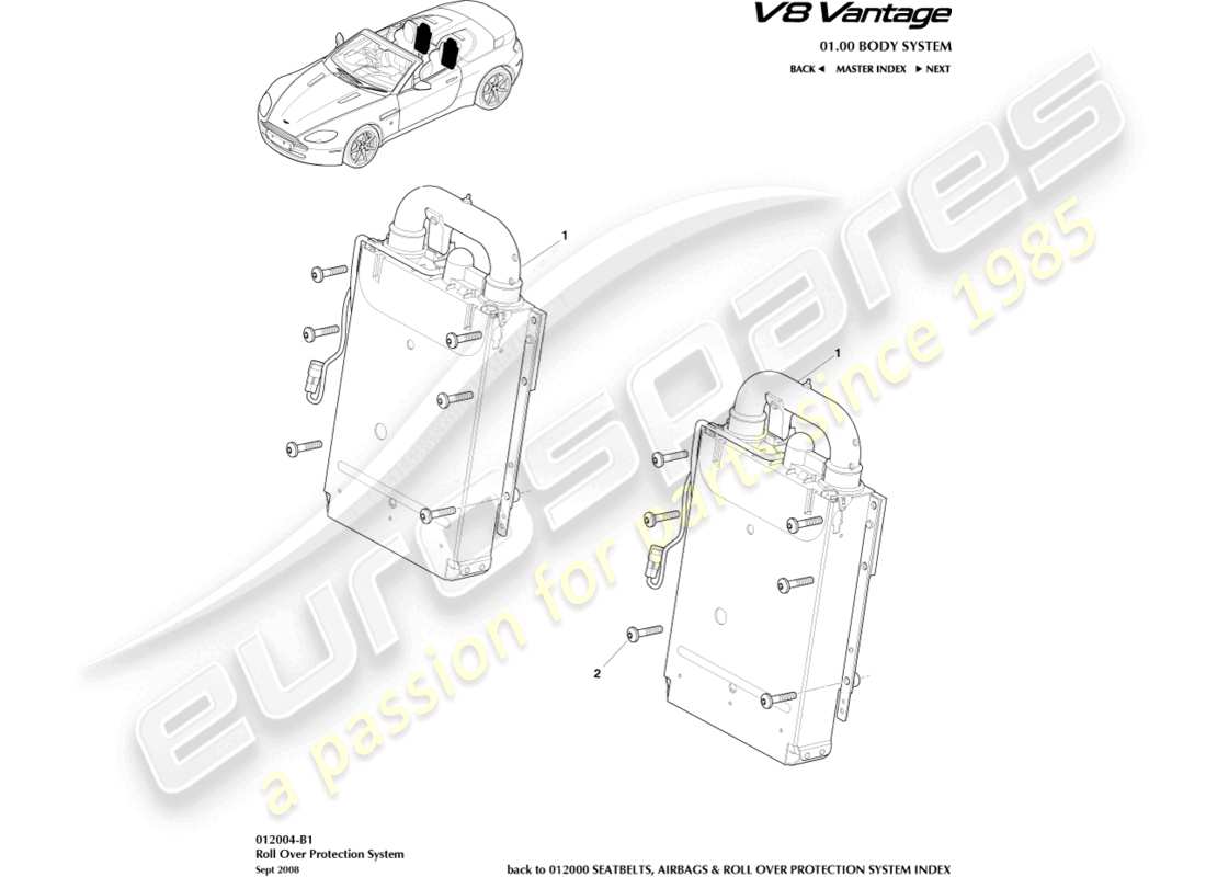 aston martin v8 vantage (2012) installazione rops, diagramma delle parti della roadster