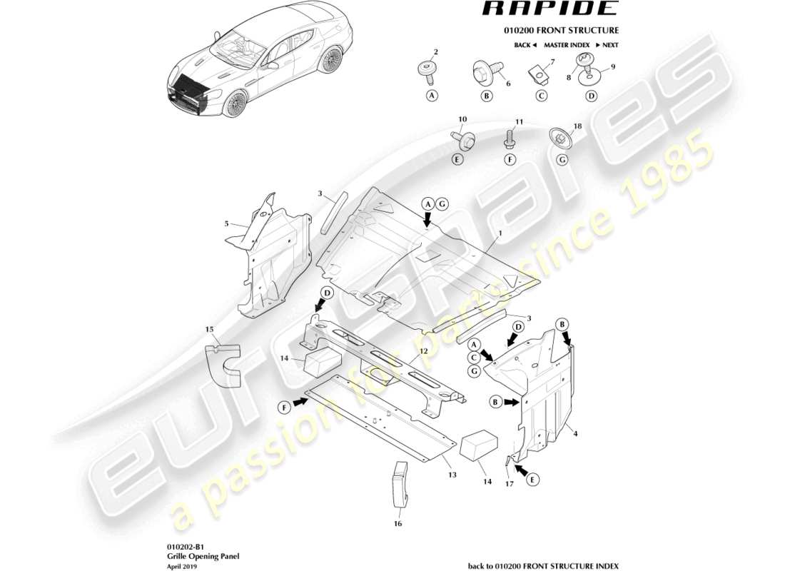 aston martin rapide (2012) pannello di apertura della griglia diagramma delle parti