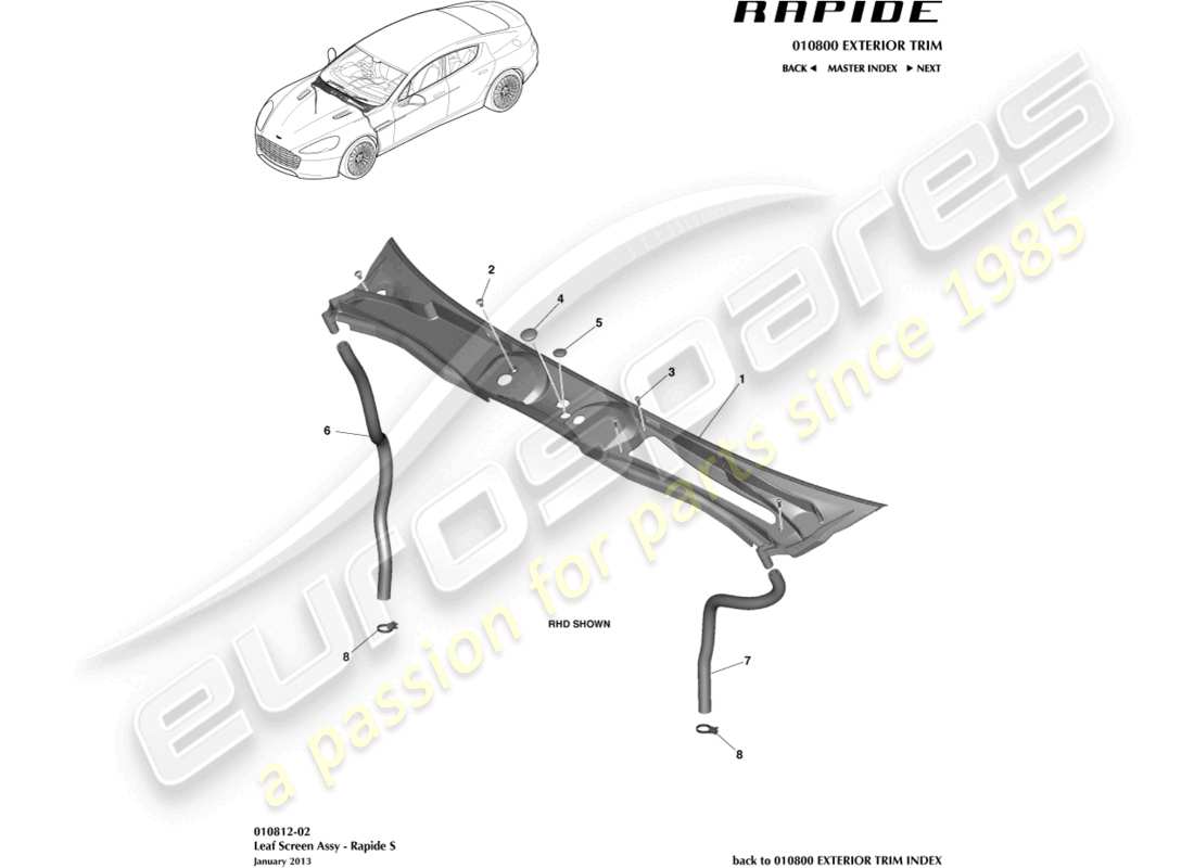 aston martin rapide (2012) diagramma delle parti dello schermo fogliare