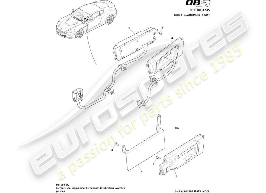 aston martin dbs (2013) diagramma delle parti di regolazione del sedile anteriore