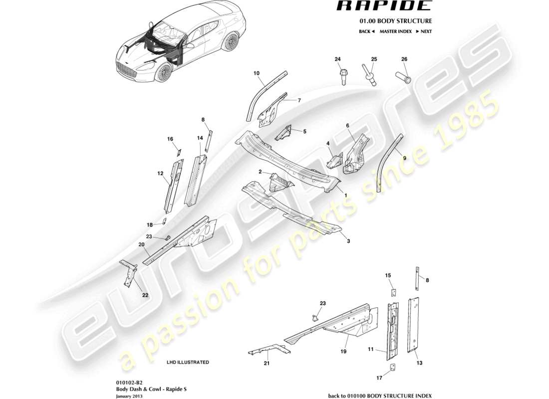 aston martin rapide (2013) cruscotto e cappuccio, s diagramma delle parti