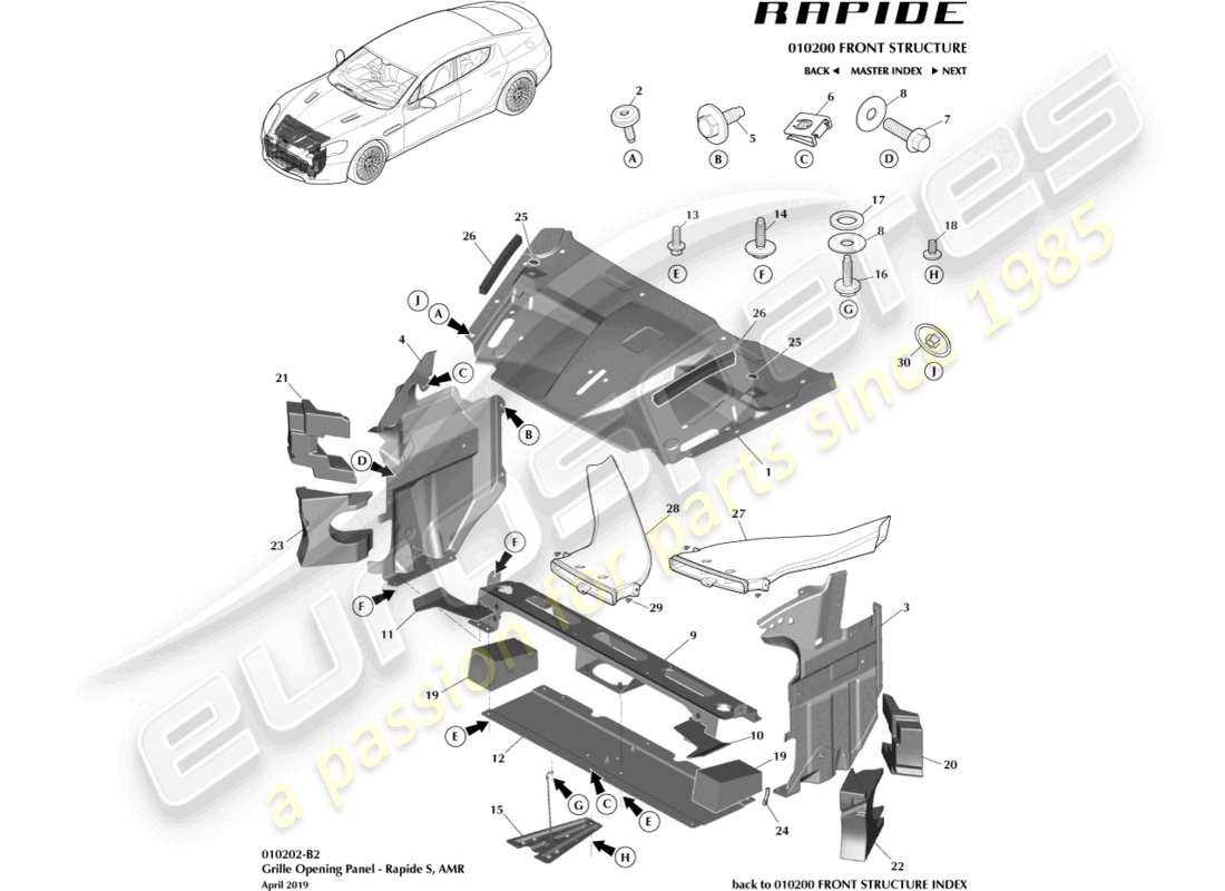 aston martin rapide (2013) pannello di apertura della griglia, s diagramma delle parti