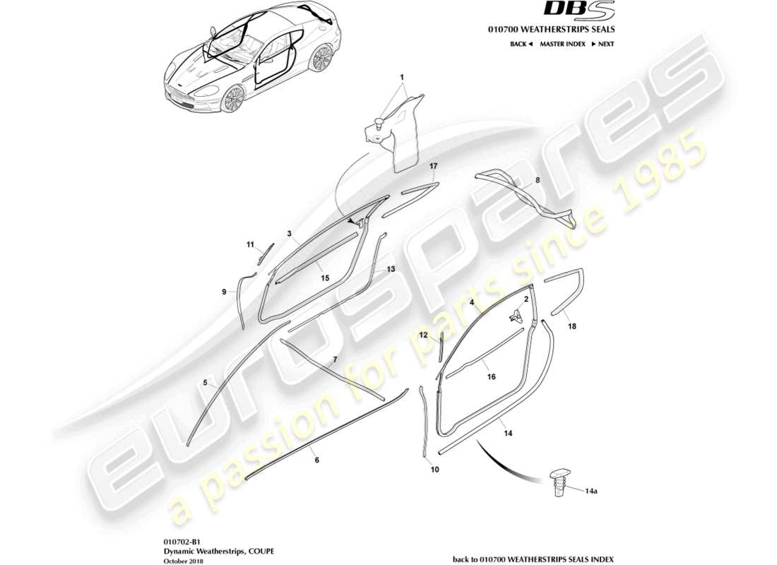 aston martin dbs (2013) guarnizioni dinamiche, diagramma delle parti del coupé