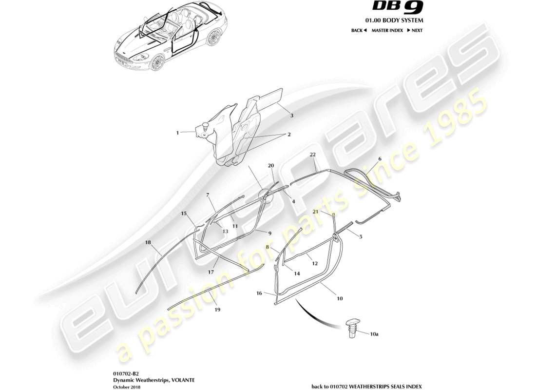 aston martin db9 (2006) dynamische dichtungsstreifen, volante teilediagramm