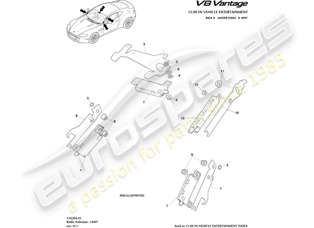 aston martin v8 vantage (2012) antenna radio, diagramma delle parti 14my