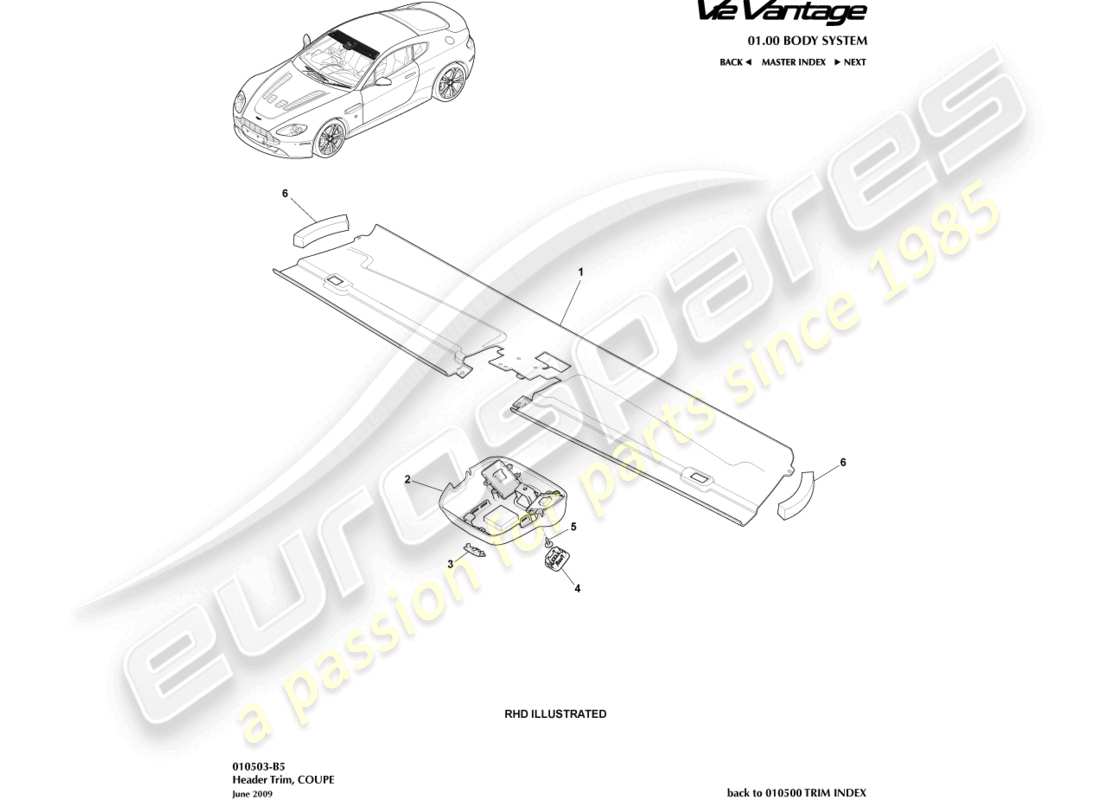 aston martin v12 vantage (2011) assetto dell'intestazione, diagramma delle parti della coupé
