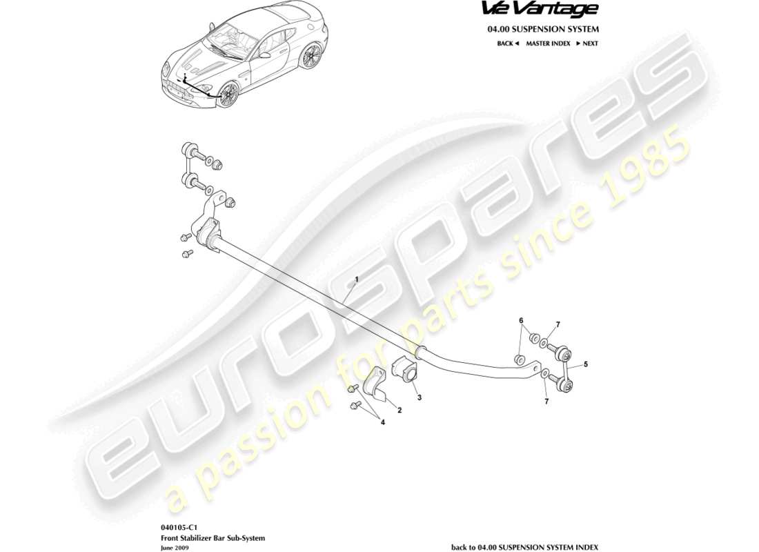 aston martin v12 vantage (2010) diagramma delle parti della barra stabilizzatrice anteriore