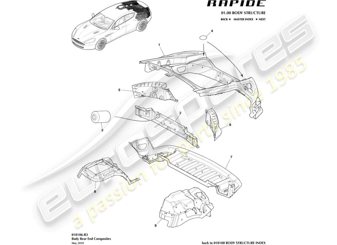 aston martin rapide (2012) diagramma delle parti dei compositi dell'estremità posteriore del corpo