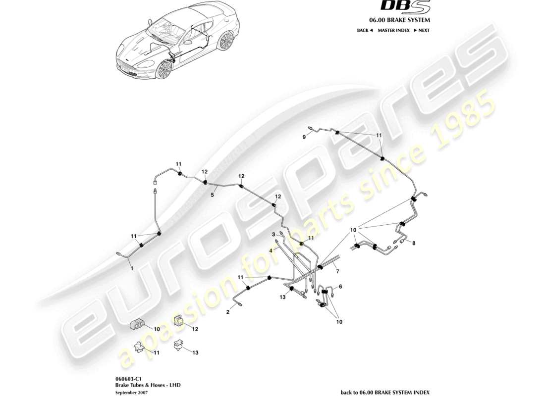 aston martin dbs (2011) tubi e tubi flessibili dei freni, guida a sinistra diagramma delle parti