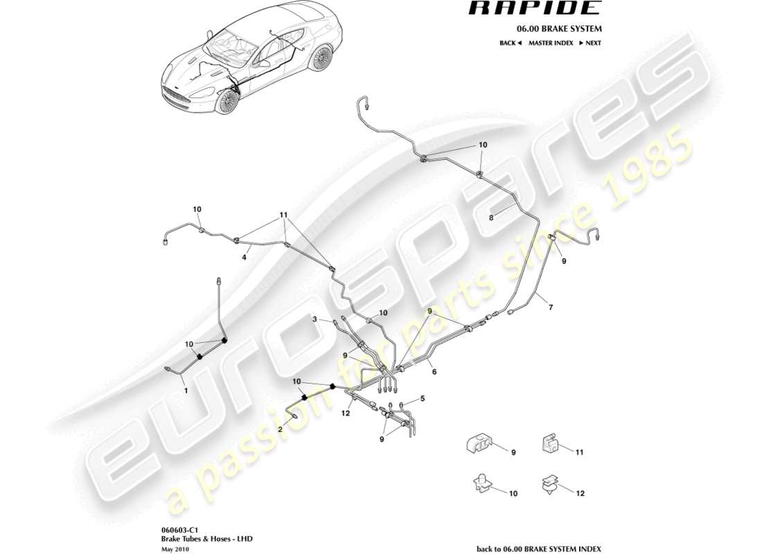 aston martin rapide (2012) diagramma delle parti di tubazioni e tubi flessibili dei freni, guida a sinistra