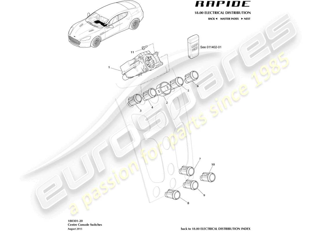 aston martin rapide (2014) interruttori della console centrale diagramma delle parti