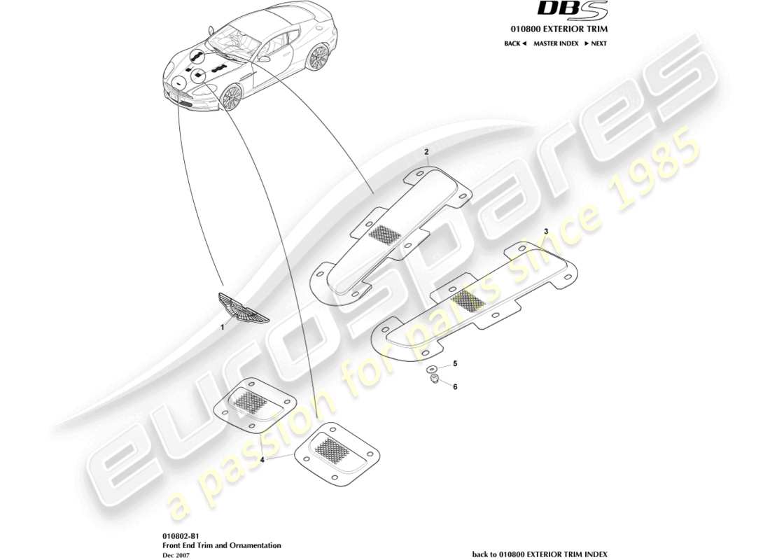 aston martin dbs (2009) diagramma delle parti del rivestimento della parte anteriore