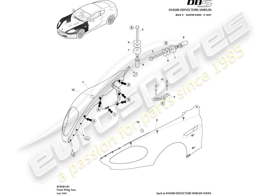 aston martin dbs (2013) assemblaggio dell'ala anteriore diagramma delle parti