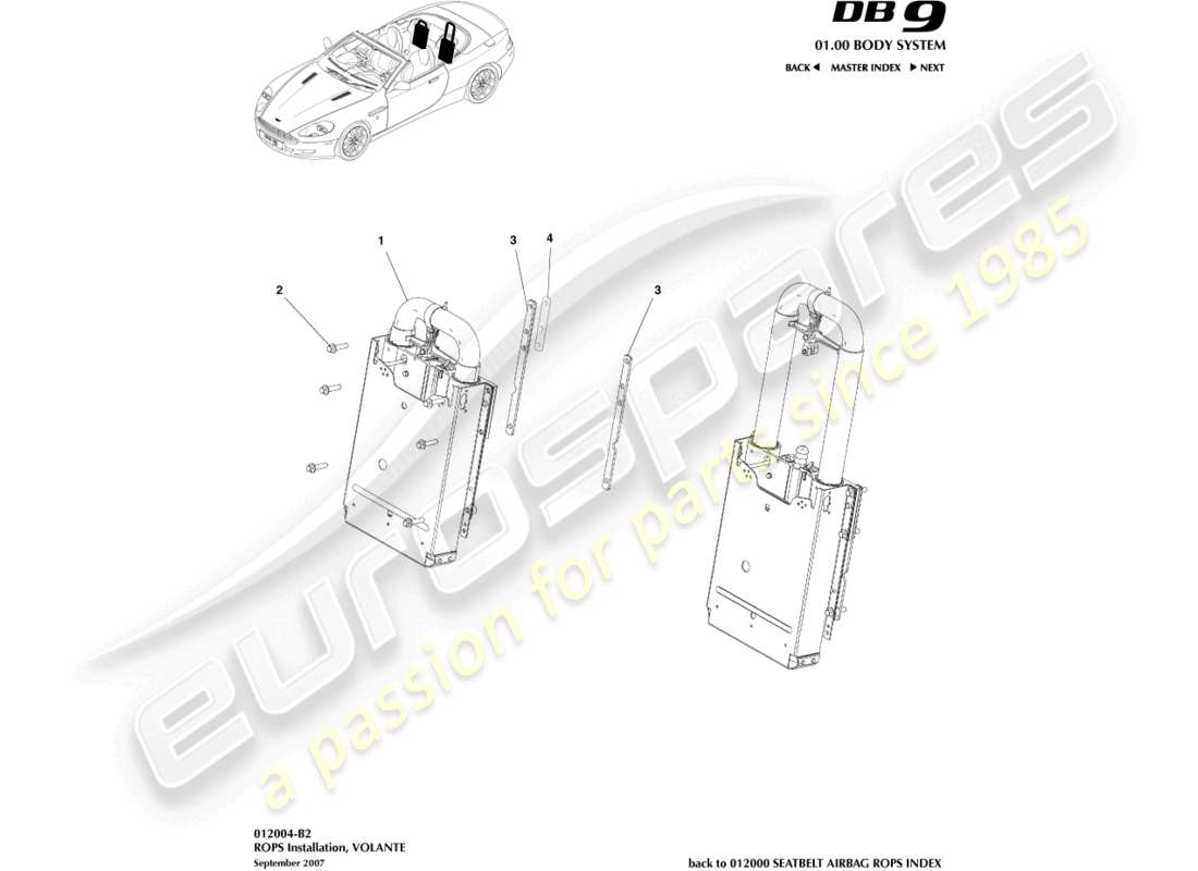 aston martin db9 (2005) installazione rops, volante diagramma delle parti