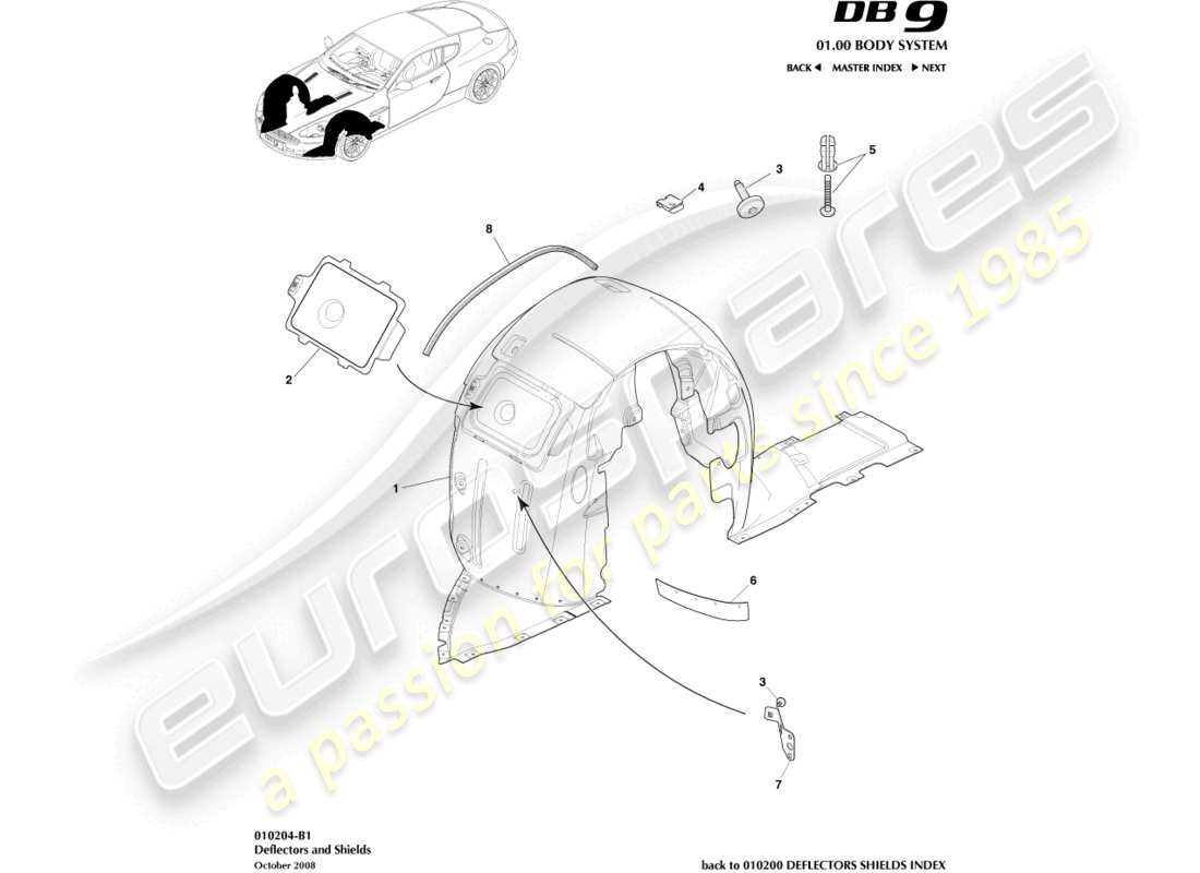 aston martin db9 (2005) diagramma delle parti dei passaruota anteriori
