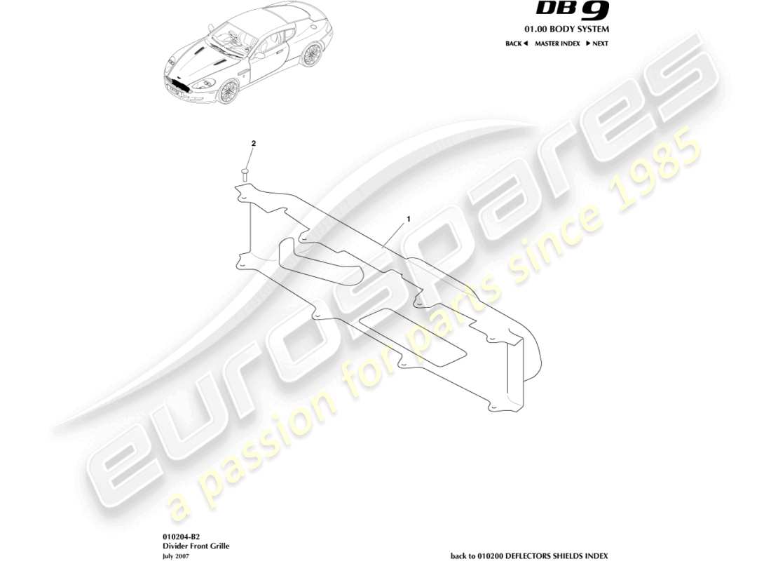 aston martin db9 (2005) divisore, schema delle parti della griglia anteriore