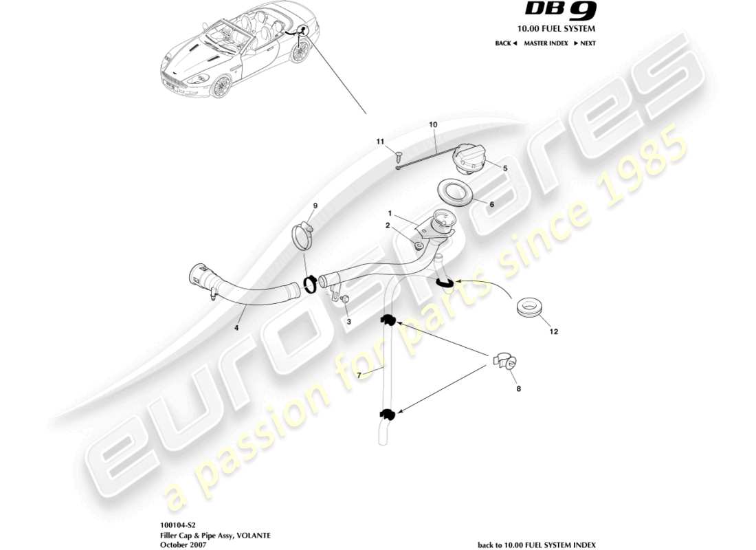 aston martin db9 (2005) tappo e tubo del bocchettone di rifornimento carburante, diagramma delle parti di volante