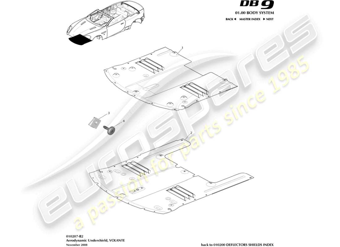 aston martin db9 (2012) sottoscudo anteriore, volante diagramma delle parti