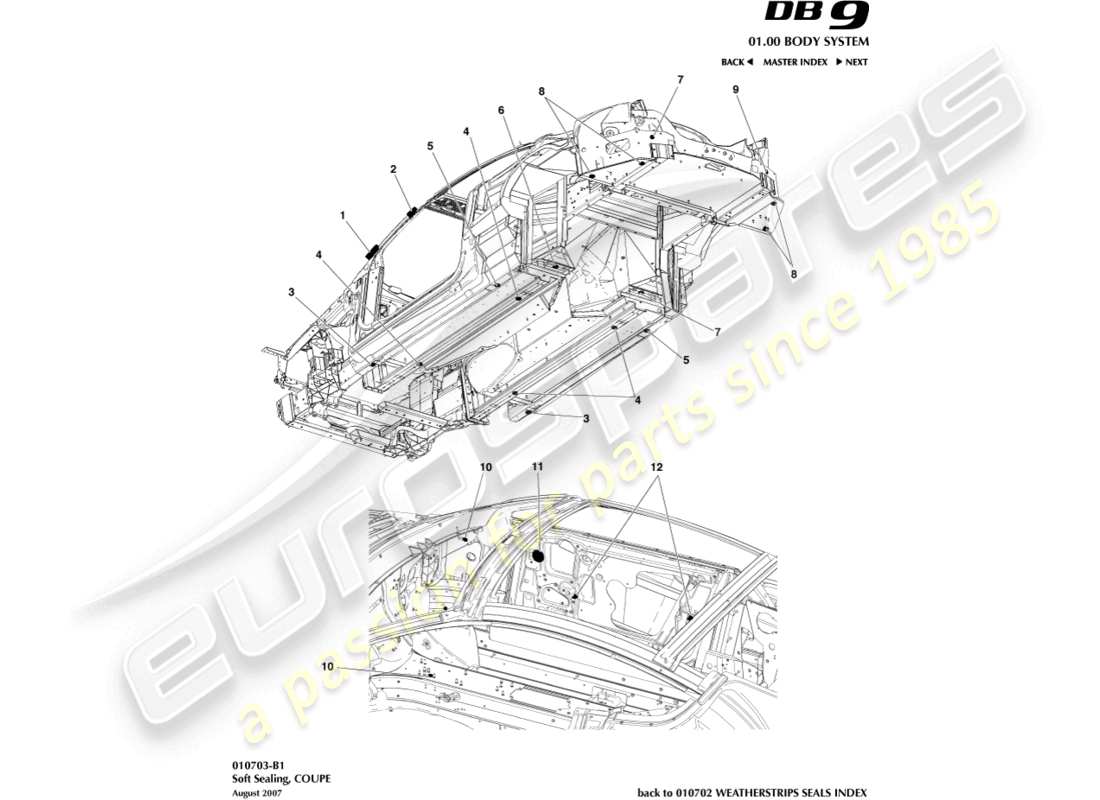 aston martin db9 (2004) tenuta morbida, coupé diagramma delle parti