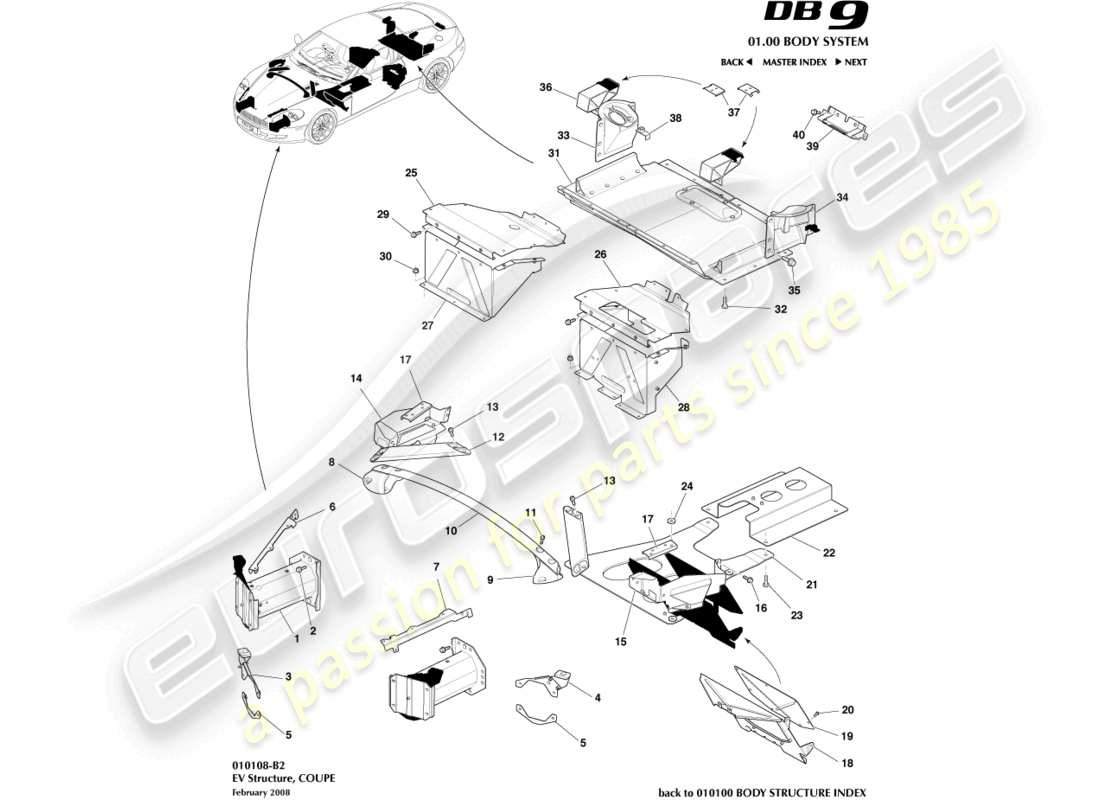 aston martin db9 (2005) struttura ev, diagramma delle parti coupé