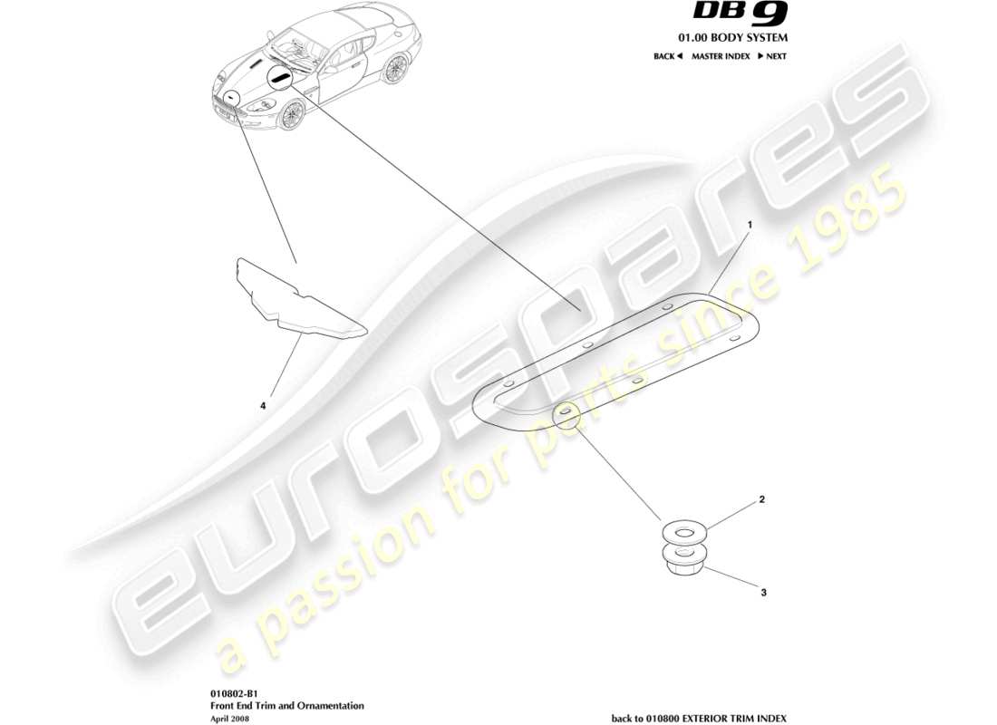aston martin db9 (2005) finitura anteriore diagramma delle parti