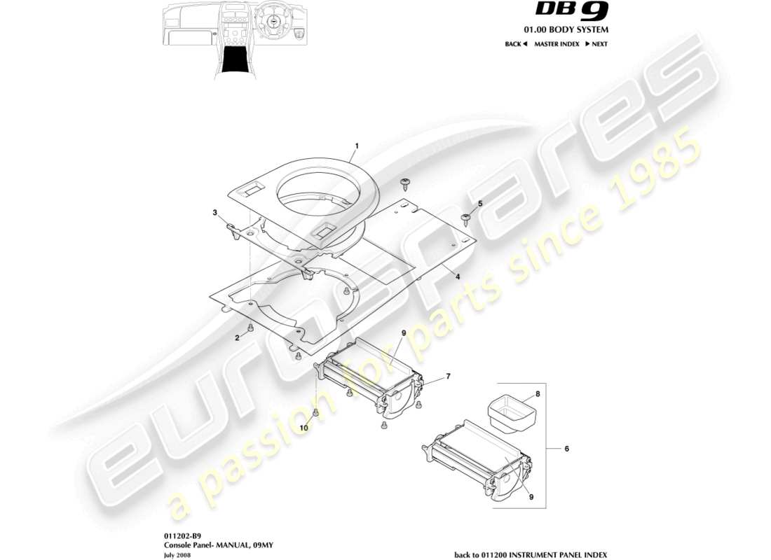 aston martin db9 (2012) console anteriore, manuale, 09my diagramma delle parti
