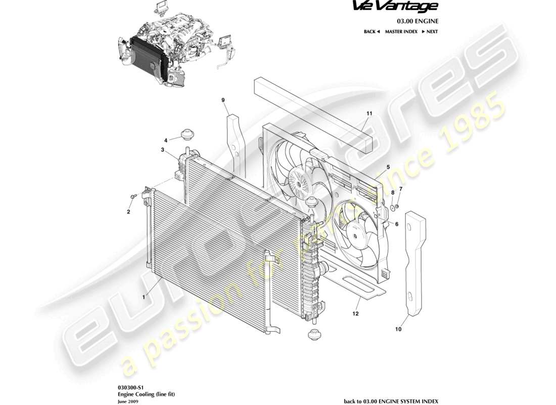 aston martin v12 vantage (2011) raffreddamento del motore, diagramma delle parti in linea