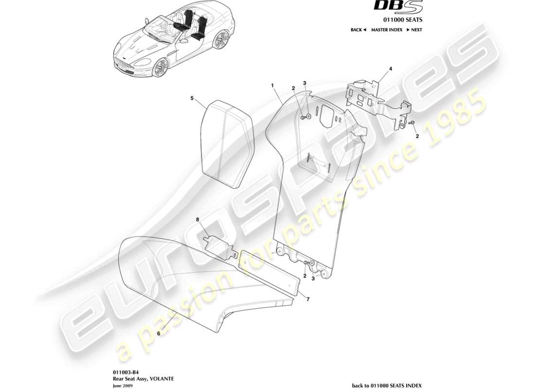 aston martin dbs (2010) rücksitz, volante teilediagramm