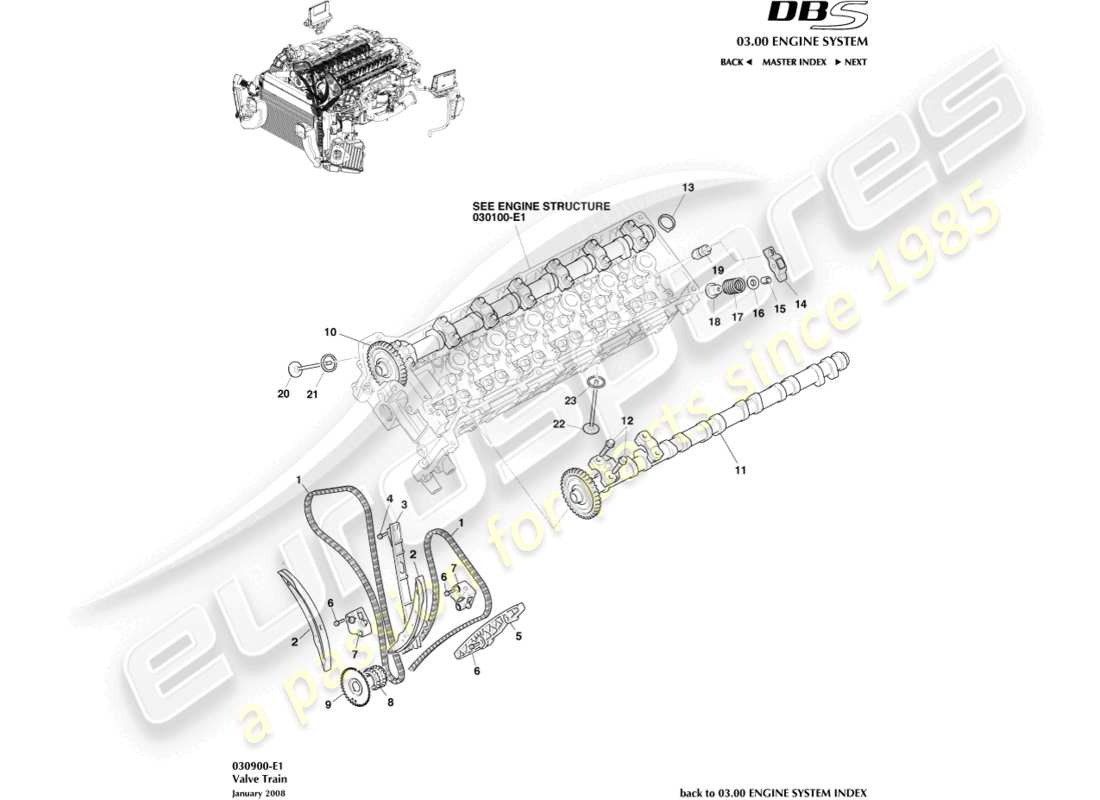 aston martin dbs (2009) treno di valvole diagramma delle parti