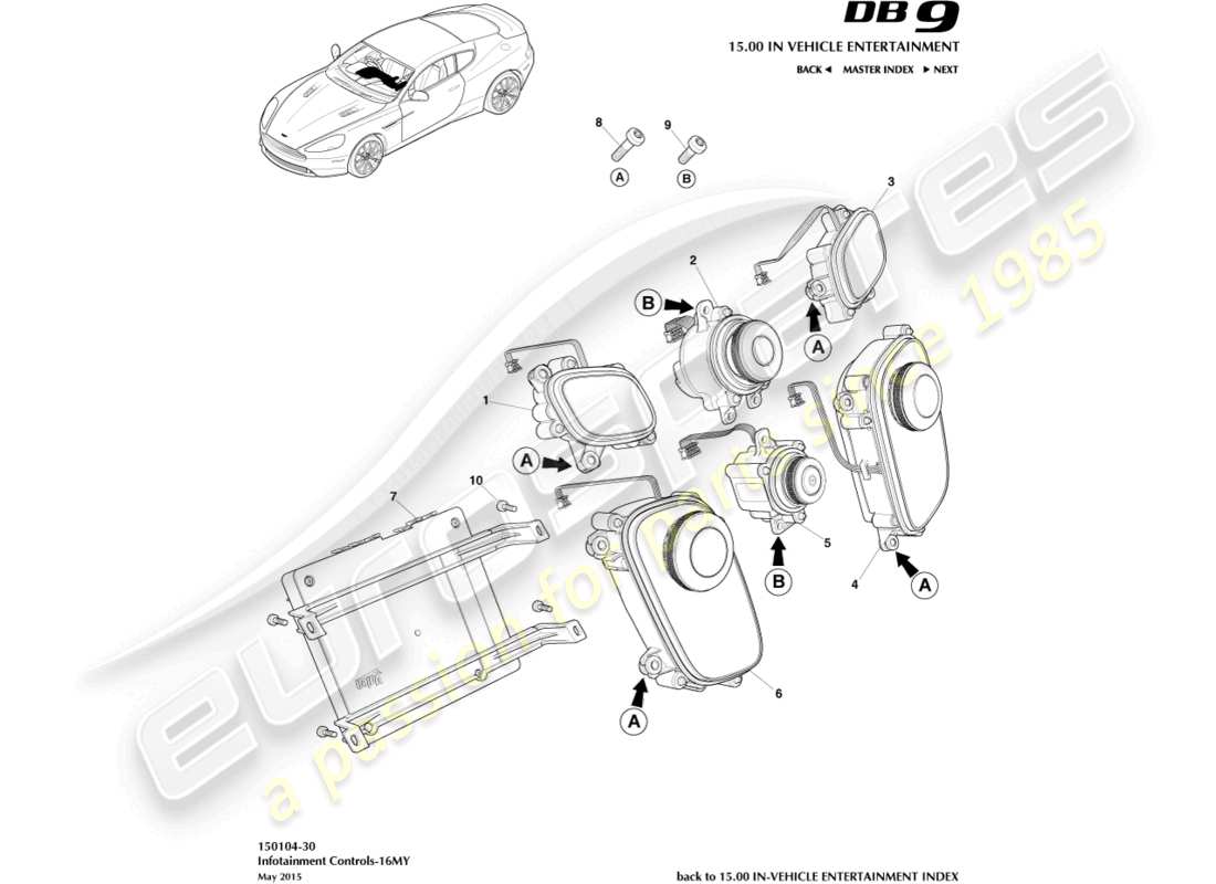 aston martin db9 (2014) controlli di infotainment, diagramma delle parti 16my