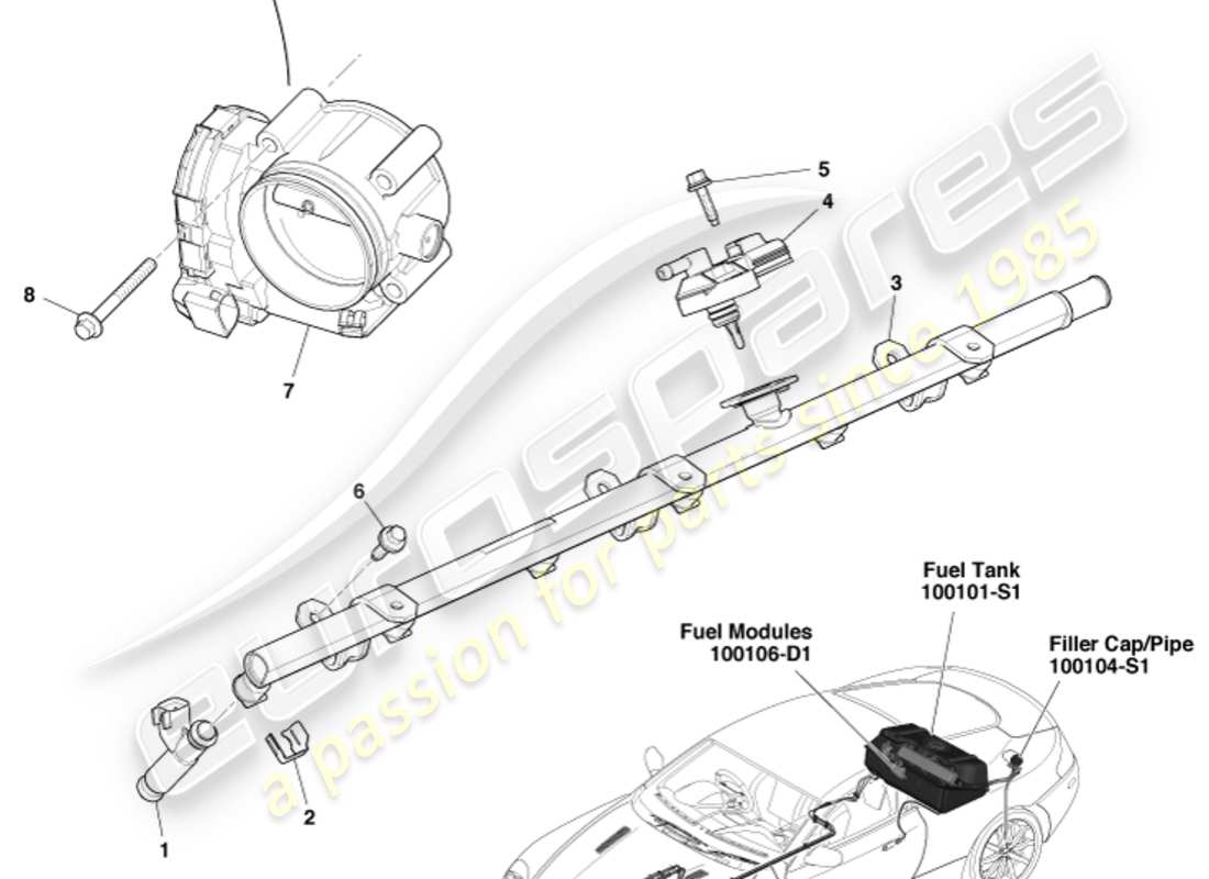 aston martin db9 (2005) diagramma delle parti del controllo della carica del carburante