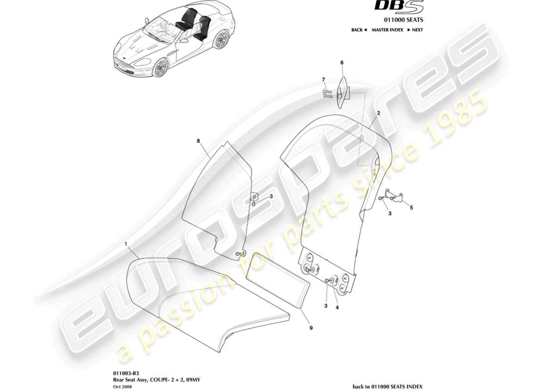aston martin dbs (2013) sedile posteriore, diagramma delle parti del coupé 2+2
