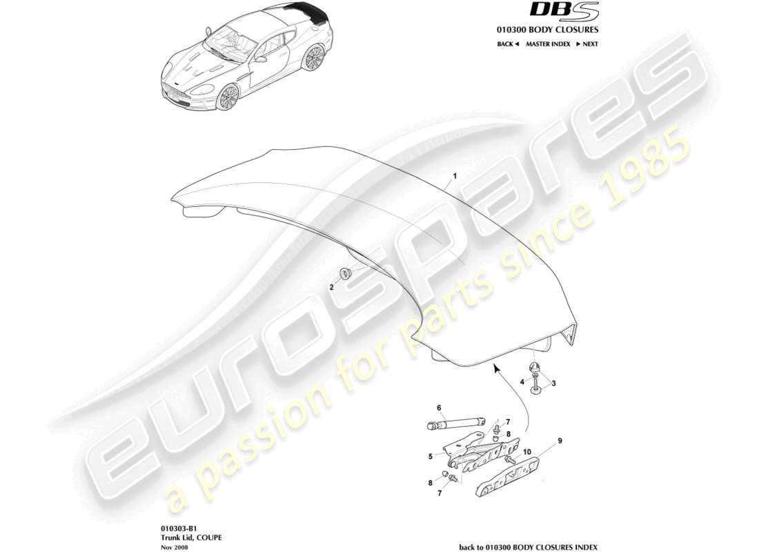 aston martin dbs (2013) cofano del bagagliaio, coupé diagramma delle parti