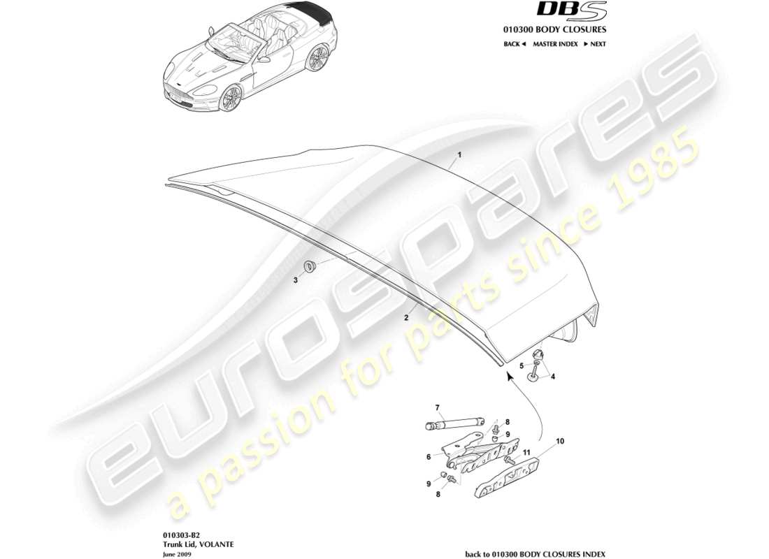 aston martin dbs (2012) coperchio del bagagliaio, volante diagramma delle parti