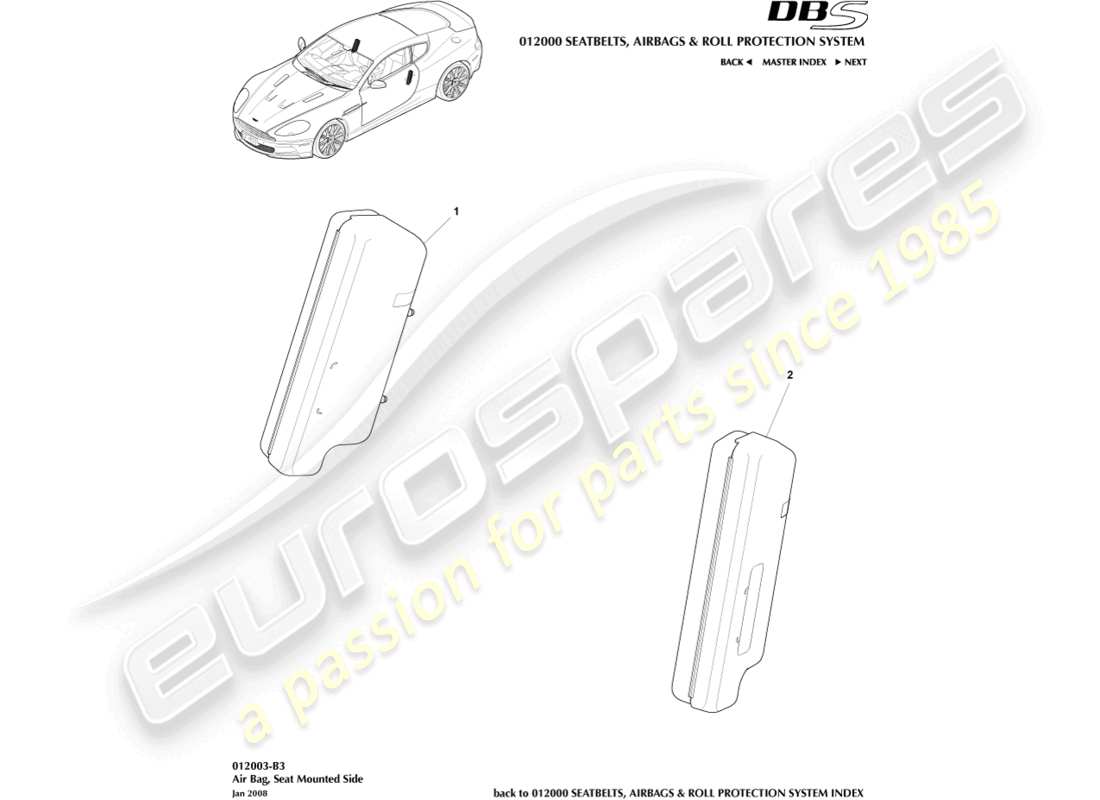 aston martin dbs (2011) airbag laterale diagramma delle parti