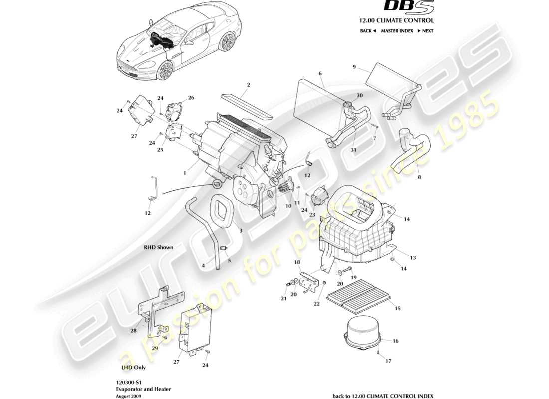 aston martin dbs (2014) evaporatore e riscaldatore diagramma delle parti