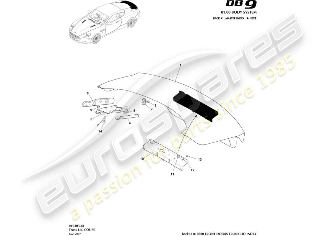 aston martin db9 (2009) cofano del bagagliaio, coupé diagramma delle parti